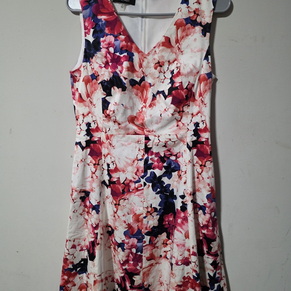 Nine West Floral V-Neck Fit & Flare Dress in White, Pink and Navy